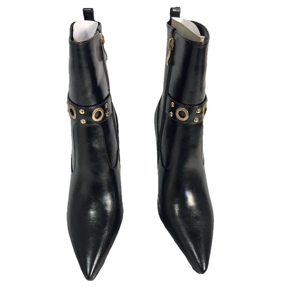 Women’s Black Pointed Toe Ankle Boots Stiletto Heel Gold Stud Accent Size US 8